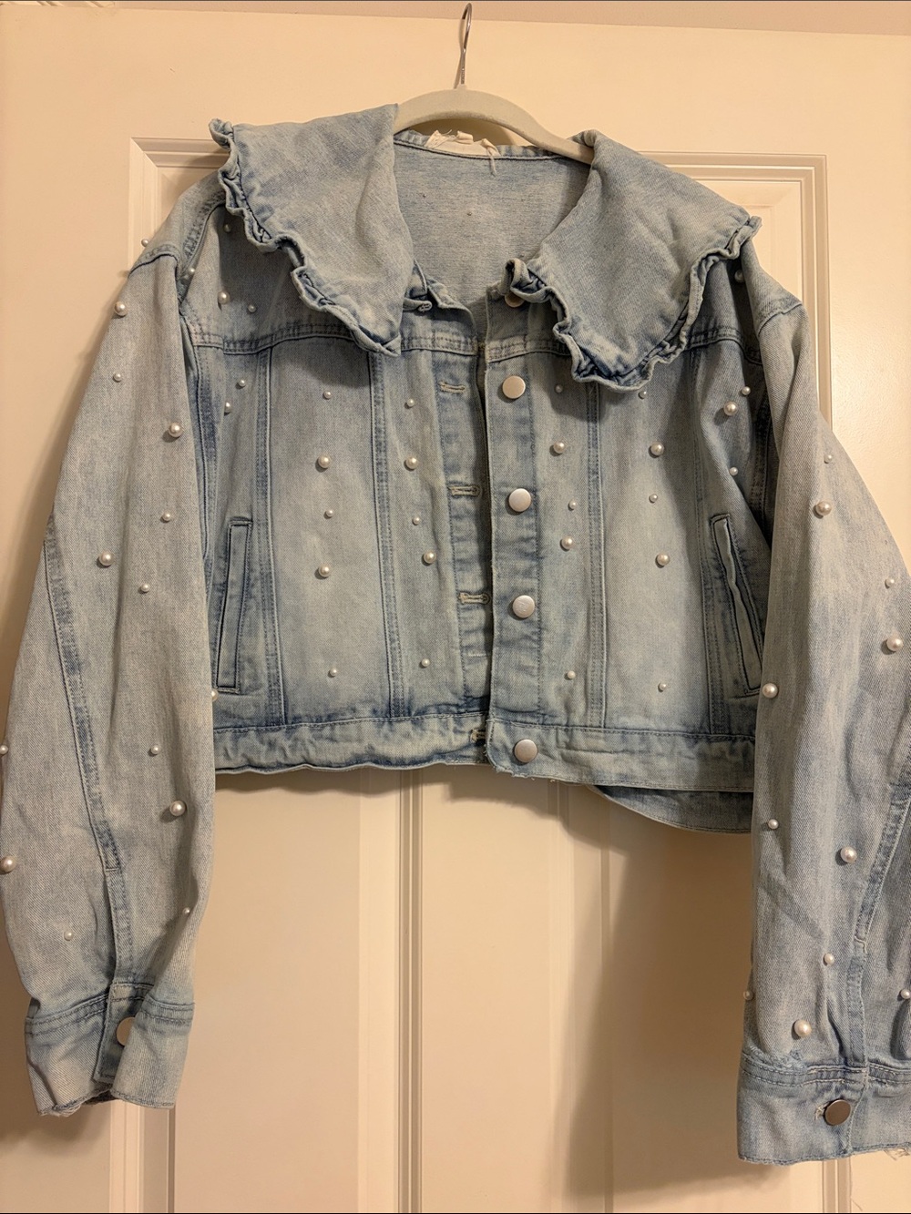 Peach Love California Light Wash Pearl-Embellished Denim Jacket